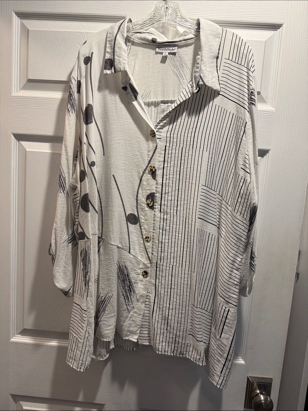 NorthStyle White Button-Down Shirt with Black Linear & Dot Pattern